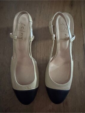 FS NYTwo-Tone Slingback Leather block heels in tan  and Black. Made in Spain,